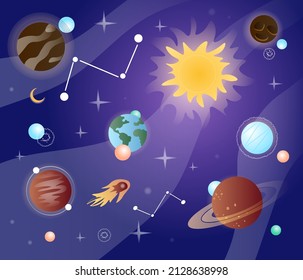 Planets, Stars And Sun. Concept Of Space, Galaxies, Universe And Solar System. Travel, Futuristic Pictures And Adventures, Scientific Research. Poster Or Banner. Cartoon Flat Vector Illustration