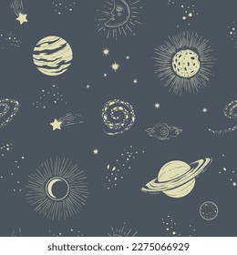 Planets and stars, vintage celestial bodies at sky. Crescent moon and starry sky with glowing figures and shapes. Stardust seamless pattern print or background wallpaper. Vector in flat style