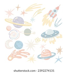 Planets and starship, a set of vector hand drawn illustrations with space theme