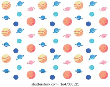 Planets such as Saturn, Mars, Uranus, Neptune, Jupiter Seamless Pattern Flat Cartoon Vector Illustration. Space Exploration and Astronomy. Science. Design for Fabric, Texture, Background.