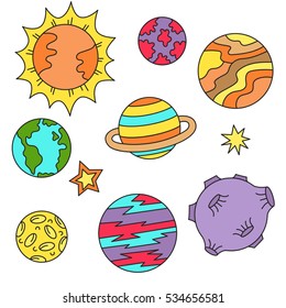 Planets and sun doodle imaginary different space objects vector set