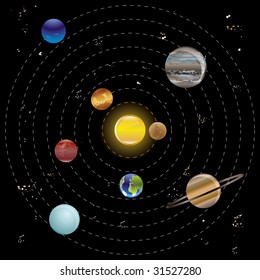 Planets and sun from our solar system. Vector illustration.