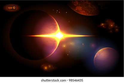 Planets at sunrise on the background of the cosmos. Eps 10.