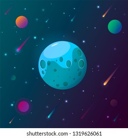 Planets surface with craters, stars and comets in dark space. Space and planet background. Vector illustration.