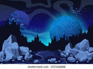 Planets surface with craters, stars and comets in dark space. Cartoon Space Background