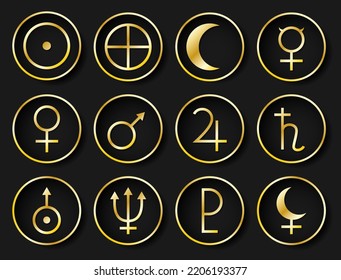 Planets symbols. Vector illustration. Golden symbols on dark background