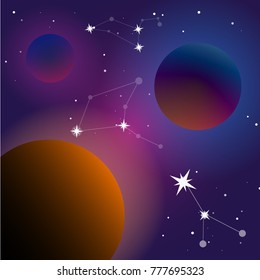 Planets system vector Illustration template on gradient backgroud with constellation of stars such as Leo, Virgo, Cancer with glowing and soft light. For web, UI, UX design or background site