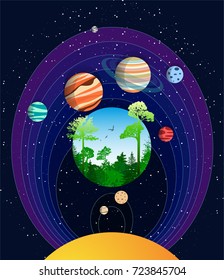 Planets that orbit the sun. Life on Earth. Astronomy / environmental / ecology aid poster  design with dark background. Abstract vector illustration