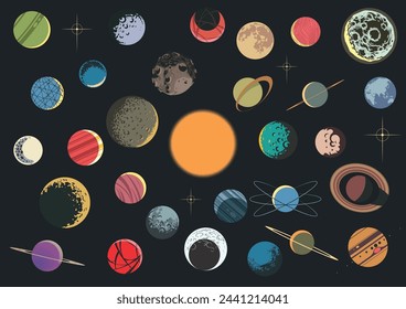 Planets and Their Moons from around the Universe, Celestial Bodies Collection Vector Drawing