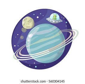Planets and UFO in space. Vector illustration.