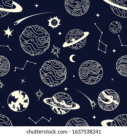 Planets Universe Doodle Seamless Pattern. Background Wallpaper