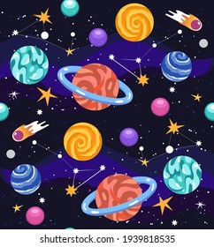 Planets and universe. Seamless vector pattern with space objects illustrations