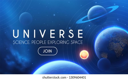 Planets in Universe with Star, Nebula and Galaxy Lights. 3D REalistic Space. Cosmos Design. Vector illustration