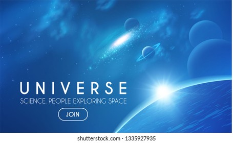 Planets in Universe with Star, Nebula and Galaxy Lights. 3D REalistic Space. Cosmos Design. Vector illustration