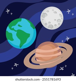 Ilustração vetorial de planetas. Terra, lua, saturno no céu estrelado com estrelas.