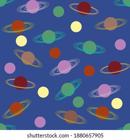 Planets is a vector repeat pattern on a deep blue background with colourful planets.  It is designed with Adobe Illustrator by Lorraine Pare at BlueStarDesignsCo.
