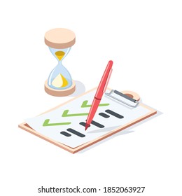Planing list hour glass. Vector 3d isometric, color web icons set, new flat style. Creative illustration, idea for infographics.