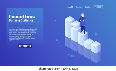 Planing and success concept, business statistics, business man stay on growth graphics, business concept, man in a business suit isometric vector Planing and success concept, business statistics, business man stay on growth graphics, business concept, man in a business suit isometric vector