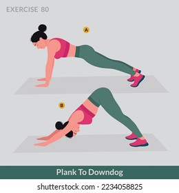 Plank To Downdog exercise, Woman workout fitness, aerobic and exercises.