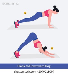 Plank to Downward Dog exercise, Woman workout fitness, aerobic and exercises.