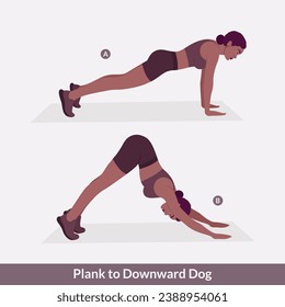 Plank to Downward Dog exercise, Woman workout fitness, aerobic and exercises.