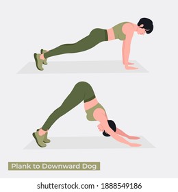 Plank to Downward Dog exercise, Women workout fitness, aerobic and exercises. Vector Illustration.
