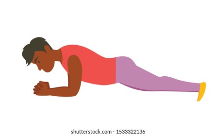 Plank exercise. African american man in the gym. Isolated vector illustration on white background