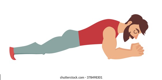 Plank exercise. Bearded man with muscles coach in the gym. Isolated vector illustration on white background.
