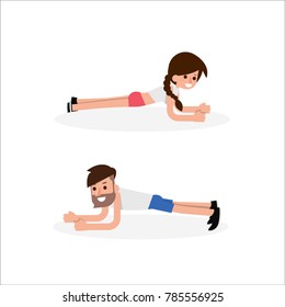Plank exercise flat design cartoon, vector.