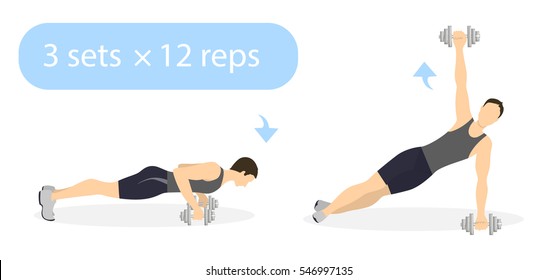 Plank exercise with weights on white background. Plank and rotate with dumbbels. Abs exercise for men.