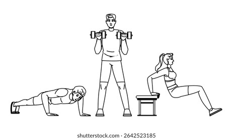 plank fitness exercises arm vector. pullup press, extension flex, stretch lift plank fitness exercises arm character. people black line pencil drawing illustration