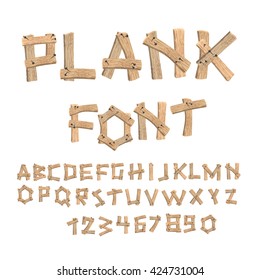 Plank font. Wooden table alphabet. Old boards with nails ABC. letters put together from vintage wood. Country font timbered textured
