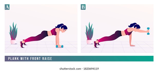 Plank with Front Raise exercise, Women workout fitness, aerobic and exercises. Vector Illustration.	