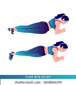 Plank With Hip Dip exercise, Women workout fitness, aerobic and exercises. Vector Illustration.	