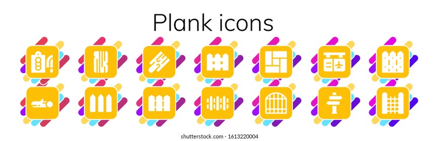 plank icon set. 14 filled plank icons.  Simple modern icons such as: Cutting board, Wood, Fence, Floor, Gate, Sign Post