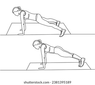 Plank Jacks exercise Line Drawing isolated on copy space white background, Plank Jacks exercise editable vector illustration, Continuous one line drawing, work out clip art, exercise line art design