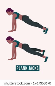 Plank Jacks exercise, Woman workout fitness, aerobic and exercises. Vector Illustration.