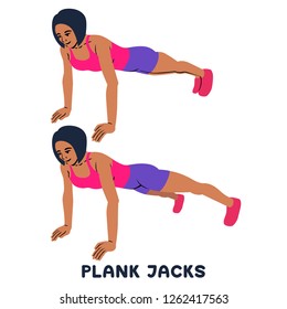 PLank jacks. Plank. Planking. Sport exersice. Silhouettes of woman doing exercise. Workout, training Vector illustration