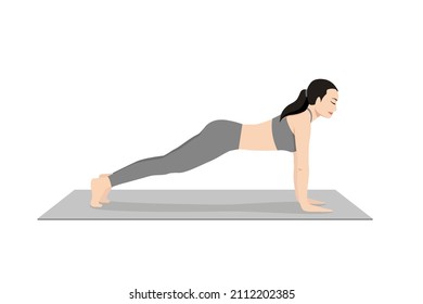 Plank Pose, Kumbhakasana. Beautiful girl practice Phalakasana. Young attractive woman practicing yoga exercise. working out, black wearing sportswear, grey pants and top, indoor full length, calmness