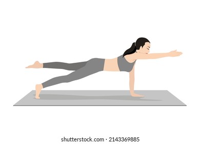 Plank Pose One Arm Leg Lift. Beautiful girl practice Phalakasana Eka Pada Eka Hasta. Young attractive woman practicing yoga exercise. working out, black wearing sportswear, grey pants and top, indoor