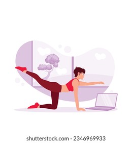 Plank Pose One Arm Leg Lift. Beautiful girls practice Phalakasana Eka Pada Eka Hasta through online classes. Trend Modern vector flat illustration.