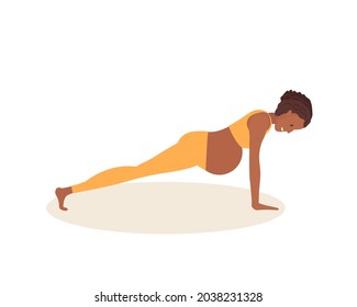 Plank Pose. Pregnant African American woman doing yoga. Woman in sportswear doing floor exercises on mat. Women healthy life style concept. Active lifestyle, baby health care. Prenatal Kumbhakasana.