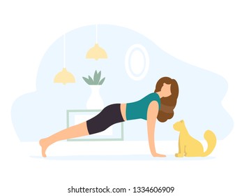 Plank Pose. Woman Doing Yoga With Cat