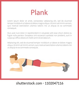 Plank poster with text sample under headline, woman does modern exercise, info and frame, fitness vector illustration isolated on white background.
