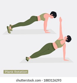 Plank Rotation exercise, Women workout fitness, aerobic and exercises. Vector Illustration.	