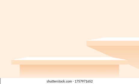 plank shelf wall orange pastel soft color, modern wood shelf for display show on space wall, cute and chic counter desk panel for decoration, empty table top panel orange background, copy space