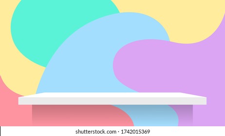 plank shelf white on wall blob shape pastel color for product display, background wall blob shape pattern and table shelves shelf for cosmetics ad pastel soft, plank on wall pastel color, vector