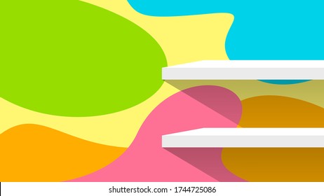 plank shelf white on wall blob shape pastel color for product display, background wall blob shape pattern and table shelves shelf for cosmetics ad pastel soft, plank on wall pastel color, vector