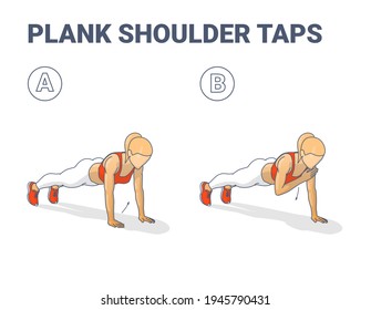 Plank Shoulder Taps Female Home Workout Exercise Guidance. Colorful Concept of Girl Working at Home on Her Abs, Core, and Triceps. Young Woman in Sportswear Doing Shoulder Touches from Plank Position.