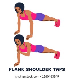 Plank shoulder taps. Sport exersice. Silhouettes of woman doing exercise. Workout, training Vector illustration